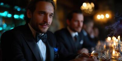 Sophisticated evening gathering in a dimly lit bar with well-dressed men enjoying cocktails and conversations photo