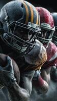 Intense football players competing during a high-stakes match in a packed stadium under bright lights at night photo