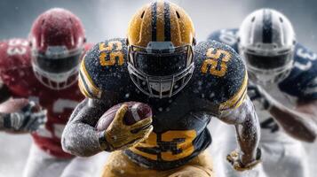 Football players compete in a rainy game, showcasing intense action and athleticism on the field photo