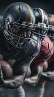 Intense football players preparing for a game during a rainy night under stadium lights photo