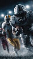 Intense football player running towards the end zone during a night game in a rain-soaked stadium with bright stadium lights photo