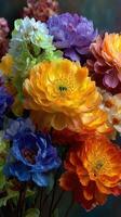 Colorful bouquet of assorted flowers featuring vibrant hues of yellow, orange, purple, and blue arranged beautifully photo