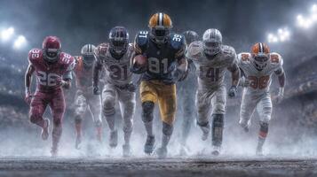 Intense football game at a night stadium with players competing in a dramatic play during a rainy match photo