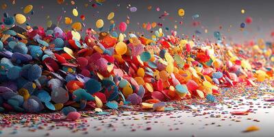 Colorful confetti falling on a surface during a celebration or festive event in a bright, vibrant setting photo