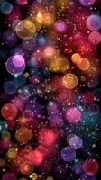 Colorful bokeh lights create an artistic display on a dark background during a festive evening celebration photo