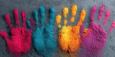 Colorful handprints create a vibrant display on grey surface during creative art activity photo