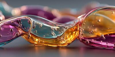 Colorful gel shapes with bubbles resting on a smooth surface, showcasing fluid dynamics and vibrant hues photo