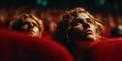 Moviegoers captivated by a thrilling scene in a dimly lit theater filled with red seats during an evening screening photo