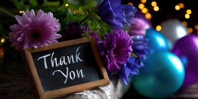 Colorful flowers and balloons create a festive atmosphere for a heartfelt thank you celebration in a cozy setting photo