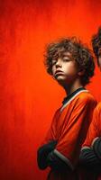 Young players pose confidently in orange jerseys against a vibrant red background photo