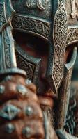 Warrior in ornate armor focuses with determination during a medieval reenactment in a rustic environment at sunset photo