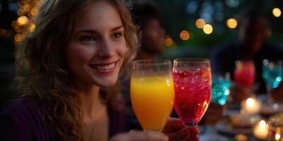Celebration with colorful drinks at an evening gathering in a vibrant outdoor setting photo
