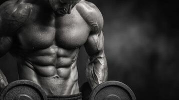 Muscular athlete lifting weights during intense workout session in gym environment photo