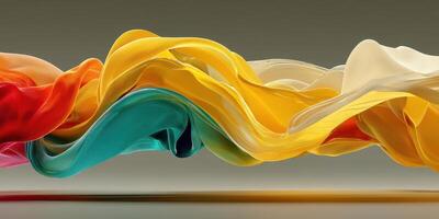 Lively flow of colorful fabric creating an abstract wave formation in a neutral setting photo