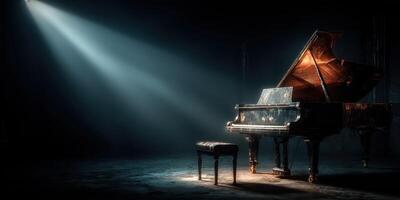 Soft light illuminates an elegant grand piano and bench in a dimly lit room, creating a serene atmosphere for music photo