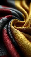 Beautifully textured fabric in red, black, and gold drapes creating an elegant swirl displayed on a soft surface photo