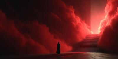 Mysterious figure stands before stairway in crimson mist during an enigmatic twilight moment photo