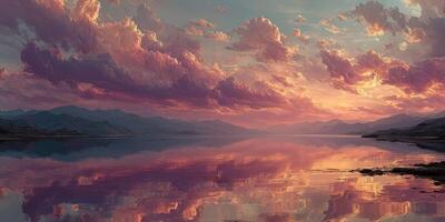 Vibrant sunset over calm lake with mirrored clouds and mountains in serene landscape photo