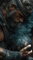 Epic warrior holding a mystical globe surrounded by smoke in a darkened environment photo