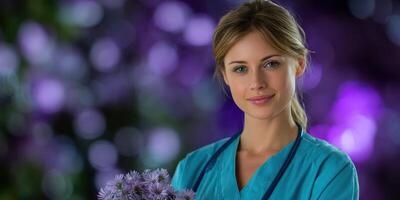 Smiling healthcare worker holding flowers in a vibrant purple backdrop at a wellness event in daytime photo