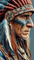 Tribal chief adorned with feathers and face paint captures the essence of indigenous heritage in a striking portrait photo