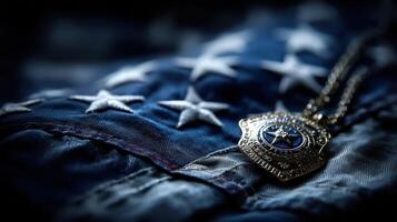 Badge resting on American flag fabric symbolizes law enforcement commitment and patriotism in a meaningful composition photo