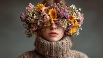 Woman with a floral crown covering her eyes poses in a cozy sweater against a muted background photo