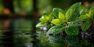 Close-up view of lush green leaves with raindrops reflecting sunlight beside a tranquil water surface in a serene natural setting photo