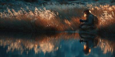 Photographer capturing serene reflections at twilight by a tranquil pond surrounded by lush grasses in a natural setting photo