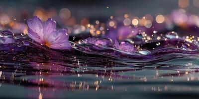 Vibrant purple flowers float gracefully on water, creating a serene atmosphere at dusk photo