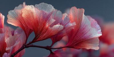 Delicate red and pink foliage showcases intricate texture against a subtle background photo