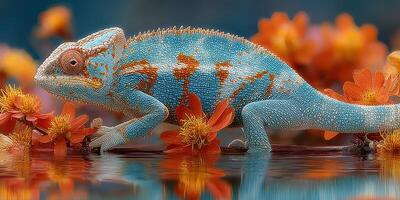 Colorful chameleon walking among vibrant flowers by the water during a sunny day photo