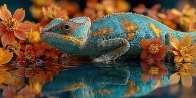 Colorful lizard resting among vibrant flowers in a tranquil setting near water on a sunny afternoon photo