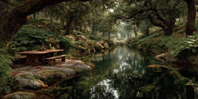 Tranquil riverside retreat surrounded by lush vegetation in early morning light photo