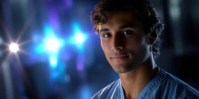 Young male medical professional in scrubs poses confidently against a blurred background of clinical lighting photo