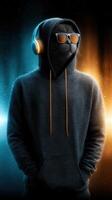 Cool animal character in hoodie and sunglasses enjoying music with vibrant background lights in a futuristic setting photo