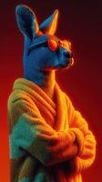 Kangaroo in cozy robe and sunglasses poses confidently against an orange background during a vibrant evening photo