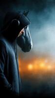 Person wearing a horse mask and hoodie listens to music in a misty urban setting at night photo