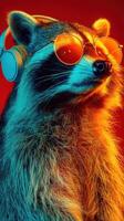 Raccoon wearing headphones and sunglasses against a vibrant red and blue background photo