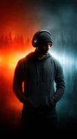 Young man wearing headphones stands between contrasting red and blue backgrounds in a forest setting at twilight photo