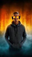 Young man in hoodie with headphones and sunglasses, set against a vibrant background of colors and gradients photo