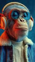 Stylish monkey relaxing with headphones in a colorful setting during a vibrant evening photo