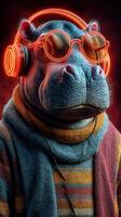 Cool hippo wearing sunglasses and headphones enjoys a trendy vibe in a vibrant urban setting at night photo