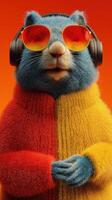 Colorful anthropomorphic character wearing headphones poses in vibrant attire against a bright backdrop photo