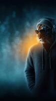 Unique tiger wearing hoodie and sunglasses listens to music in a moody urban setting at night photo