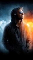 Young man with headphones in a stylish hoodie enjoying music in a vibrant urban setting at night photo
