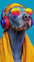 Cool dog wearing sunglasses and headphones with a colorful towel in a vibrant setting photo