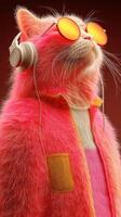 Colorful cat wearing sunglasses and headphones exudes confidence in a vibrant setting photo