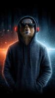 Stylish animal wearing hoodie and headphones in a neon-lit forest environment during nighttime photo