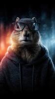 Squirrel wearing glasses and hoodie in a stylized urban setting during nighttime photo
